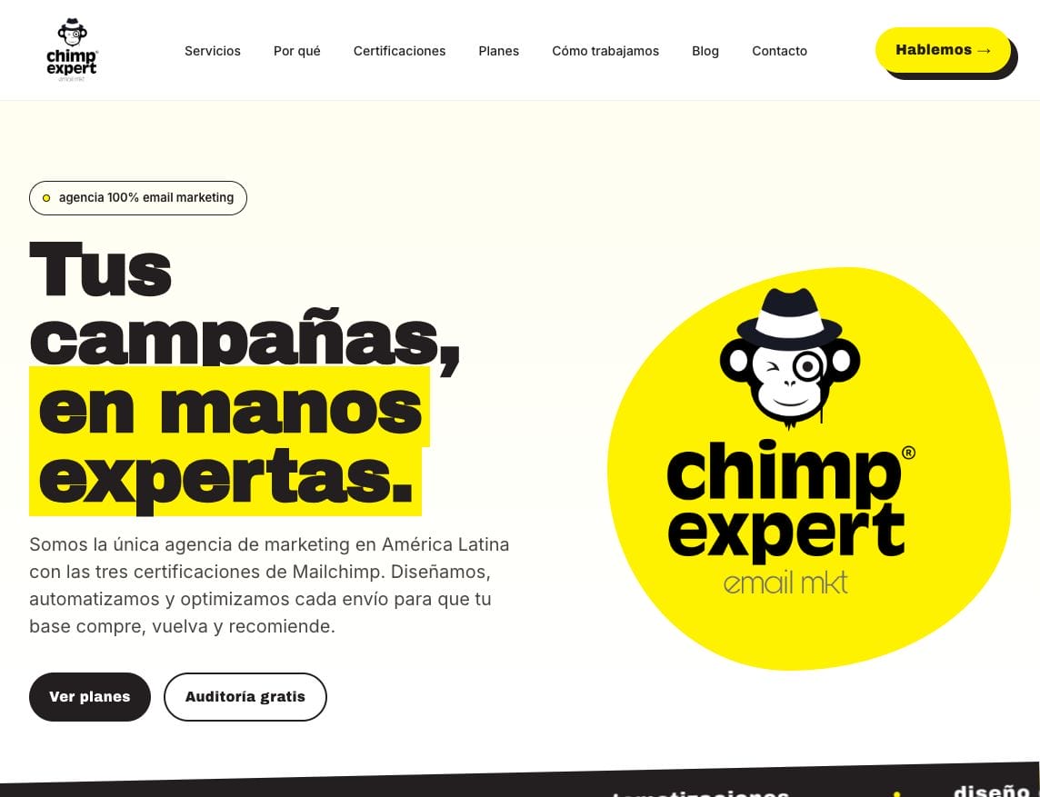 Página de inicio de ChimpExpert, agencia de email marketing