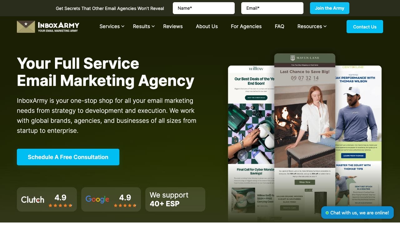 Página de inicio de InboxArmy, agencia de email marketing
